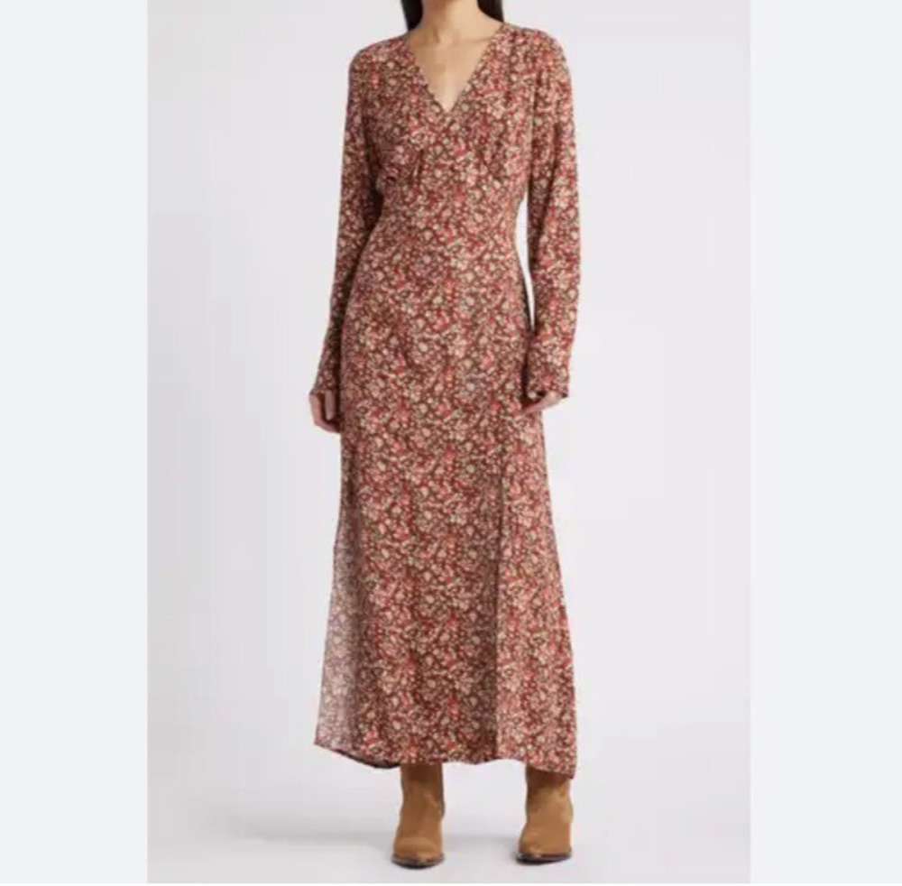NWT Treasure & Bond Long Sleeve Floral Maxi Dress V-Neck Front Slits Red Size XS